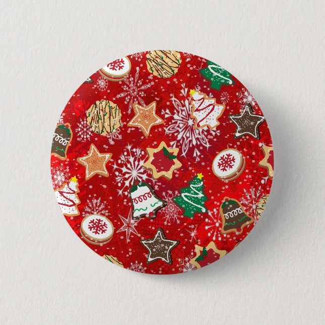 Christmas Cookies and Snowflakes on Red 6 Cm Round Badge (Front)