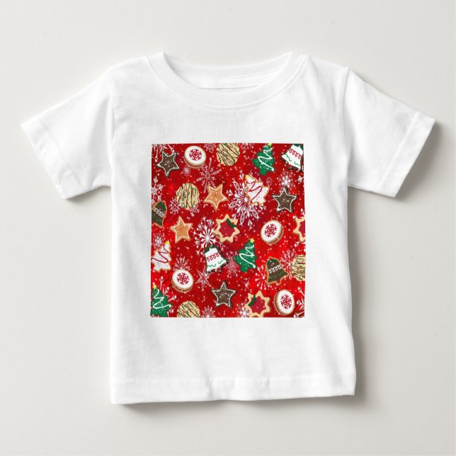 Christmas Cookies and Snowflakes on Red Baby T-Shirt (Front)