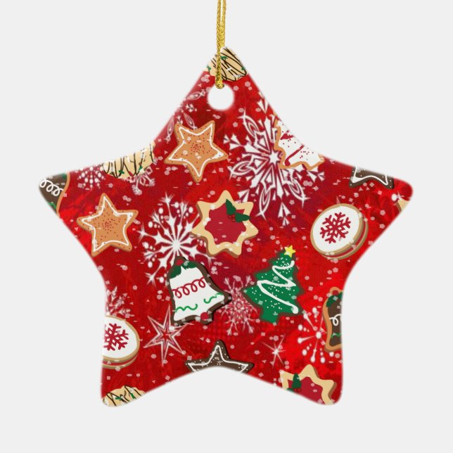 Christmas Cookies and Snowflakes on Red Ceramic Tree Decoration (Front)