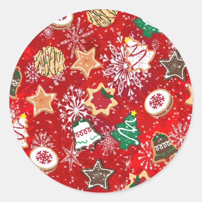 Christmas Cookies and Snowflakes on Red Classic Round Sticker (Front)