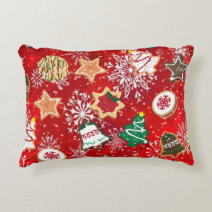 Christmas Cookies and Snowflakes on Red Decorative Cushion
