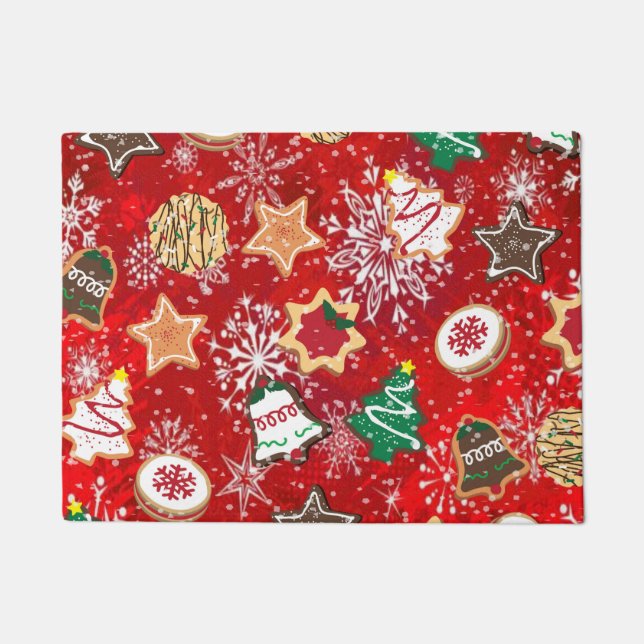 Christmas Cookies and Snowflakes on Red Doormat (Front)