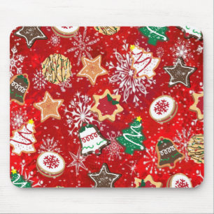 Christmas Cookies and Snowflakes on Red Mouse Pad