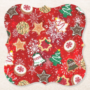 Christmas Cookies and Snowflakes on Red Paper Coaster
