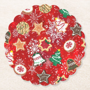 Christmas Cookies and Snowflakes on Red Paper Coaster