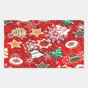 Christmas Cookies and Snowflakes on Red Rectangular Sticker