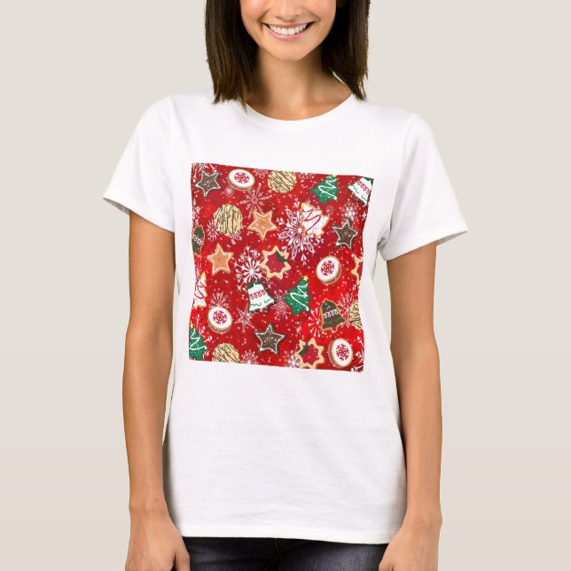 Christmas Cookies and Snowflakes on Red T-Shirt (Front)