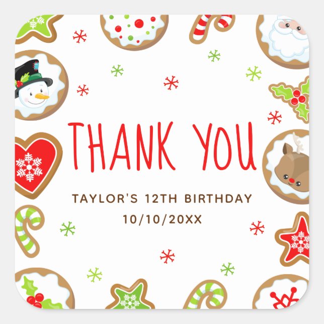 Christmas Cookies Birthday Party Red Thank You Square Sticker (Front)