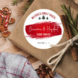 Christmas Cookies Dessert Flavour Festive Red Gree Classic Round Sticker<br><div class="desc">Christmas Cookies Flavour Name Label in a festive design with modern script font and red watercolor background,  the top features a Christmas tree motif and space for your brand name. Use this Christmas bakery stickers to create custom packaging for your sugar cookies,  cupcakes or desserts.</div>