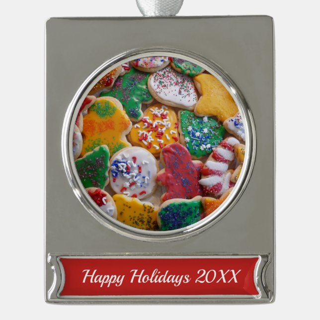 Christmas Cookies I Colourful Holiday Baking Silver Plated Banner Ornament (Front)
