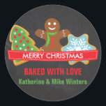 Christmas Cookies on Chalkboard Classic Round Sticker<br><div class="desc">© 2015 Socialite Designs. Seal your holiday baked goods with this cute and customisable Merry Christmas text and Christmas Cookie design. The cookies include a gingerbread man,  a Christmas tree and a snowflake on a chalkboard background.</div>