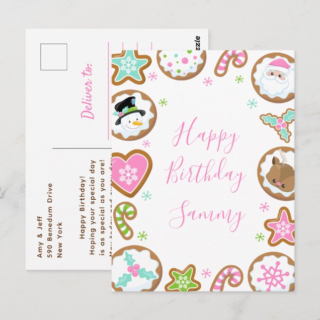 Christmas Cookies Pink and Green Happy Birthday Postcard (Front/Back)