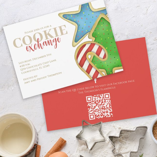 Christmas Cookies Whimsical Fun QR Code Facebook Invitation (Christmas whimsical colorful cookie cutout invitation with QR code for social media sharing. )