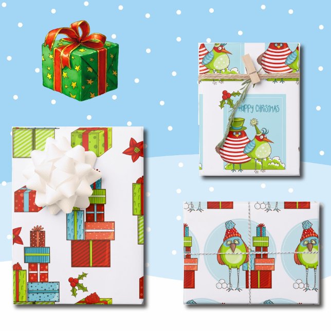 Christmas Coordinates Quirky Birds 3 Wrapping Paper Sheet (Creator Uploaded)