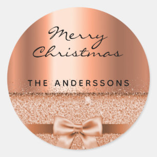 Christmas copper bow elegant name classic round sticker