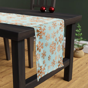 Christmas Copper Snowflake Pattern Robin Egg Blue Short Table Runner