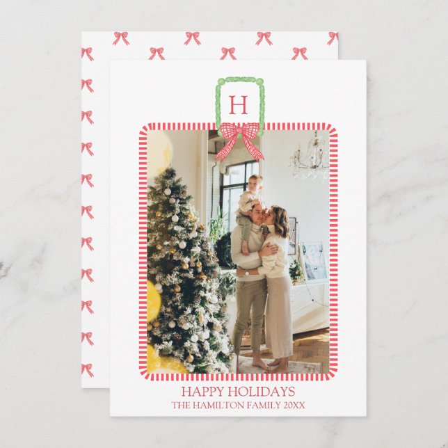 Christmas Coquette Bow Photo Grandmillennial Holiday Card (Front/Back)