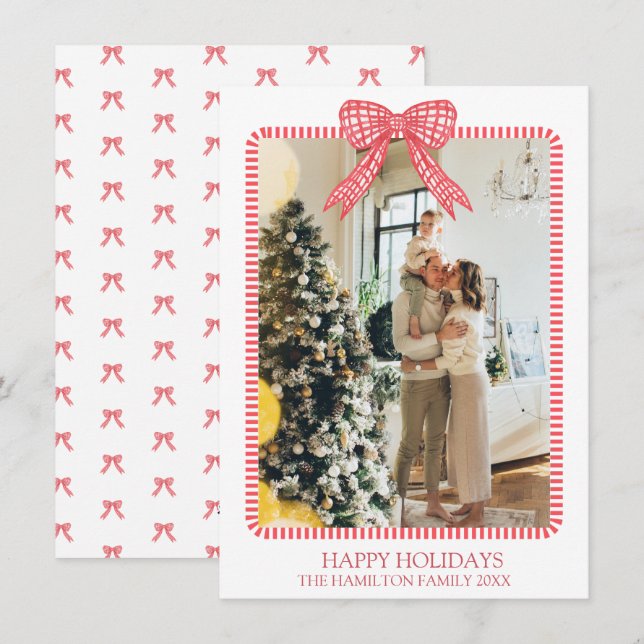 Christmas Coquette Bow Photo Grandmillennial Holiday Card (Front/Back)