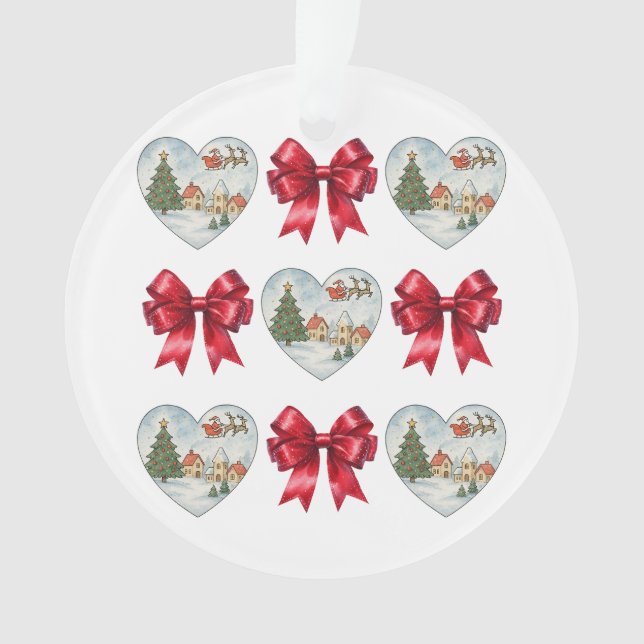 Christmas Coquette Heart and Bows Pattern Ornament (Front)