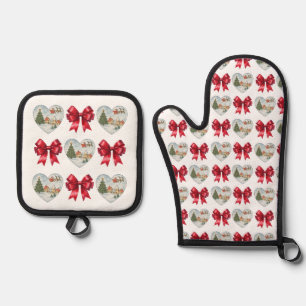 Christmas Coquette Heart and Bows Pattern Oven Mitt & Pot Holder Set