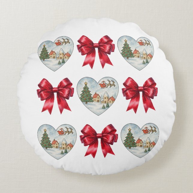 Christmas Coquette Heart and Bows Pattern Round Cushion (Front)