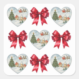 Christmas Coquette Heart and Bows Pattern Square Sticker