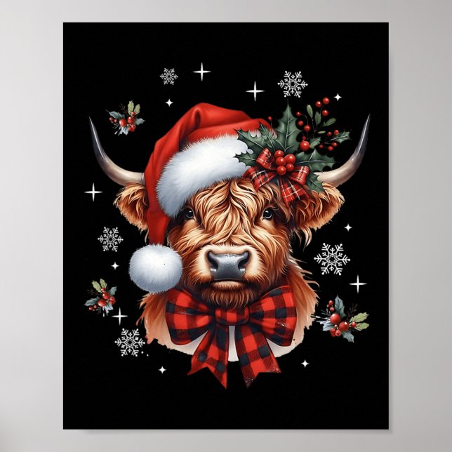 Christmas Coquette Highland Cow Cute Moo Cow Xmas  Poster (Front)