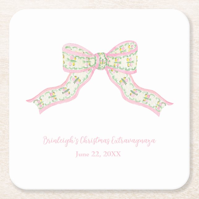 Christmas Coquette Pink Green Bow Square Paper Coaster (Front)