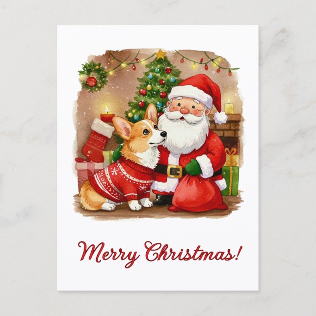 Christmas Corgi and Santa Postcard (Front)