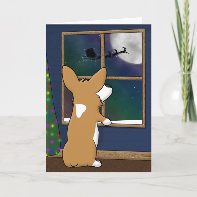 Christmas Corgi at Window Christmas Card (Front)
