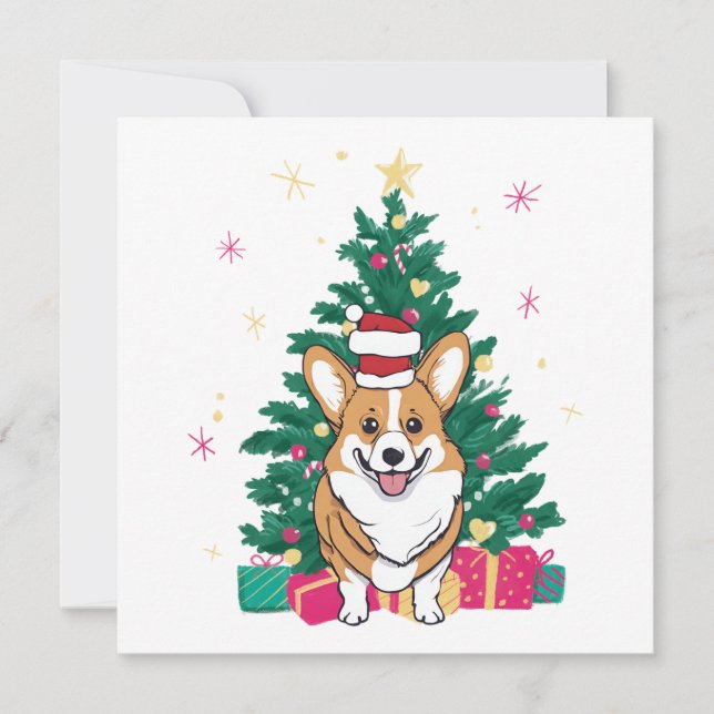 Christmas Corgi Dog and Christmas Tree Holiday Card (Front)