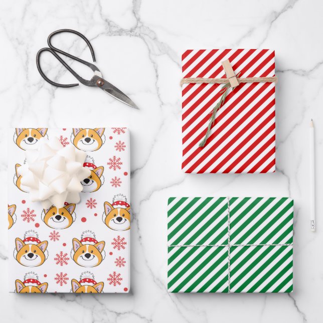 Christmas Corgi Dog and Stripes Wrapping Paper Sheet (Front)