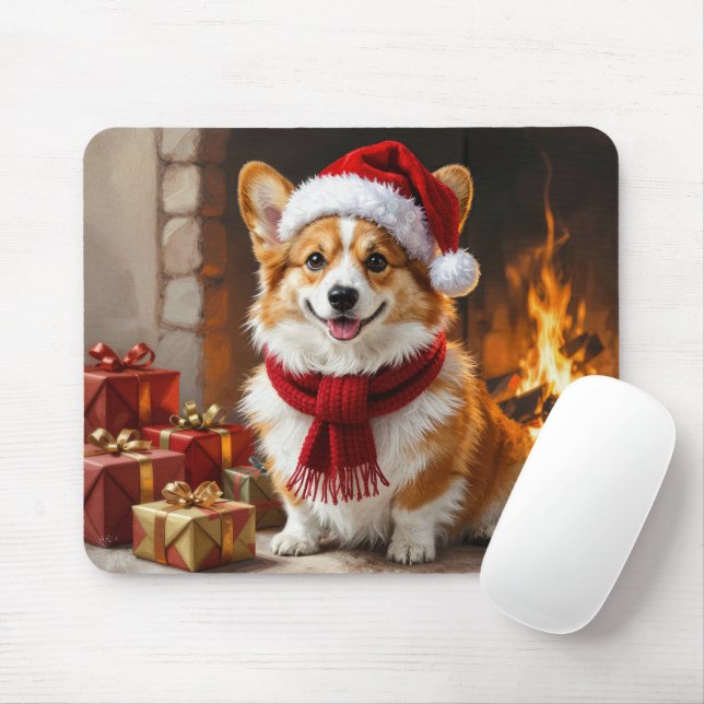 Christmas Corgi Dog by the Fireplace Mouse Pad (With Mouse)