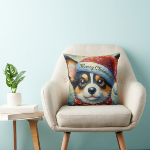 Christmas Corgi Dog Puppy Santa Hat Seasonal Red Cushion