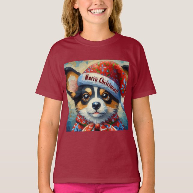 Christmas Corgi Dog Puppy w/Santa Hat T-Shirt (Front)