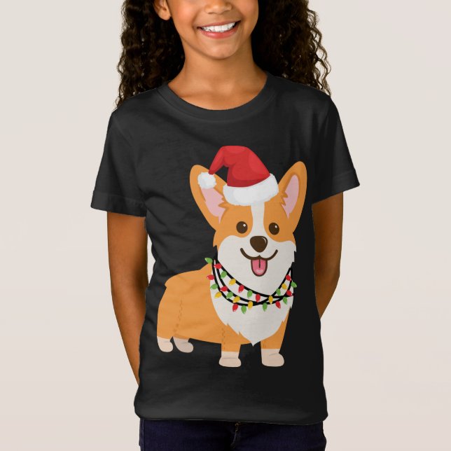 Christmas Corgi Dog with Santa Hat and Christmas L T-Shirt (Front)
