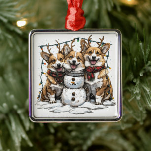 Christmas Corgi Dogs Snowman Metal Tree Decoration