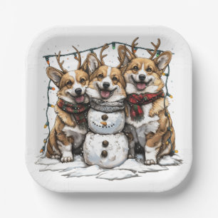 Christmas Corgi Dogs Snowman Paper Plate