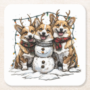 Christmas Corgi Dogs Snowman Square Paper Coaster