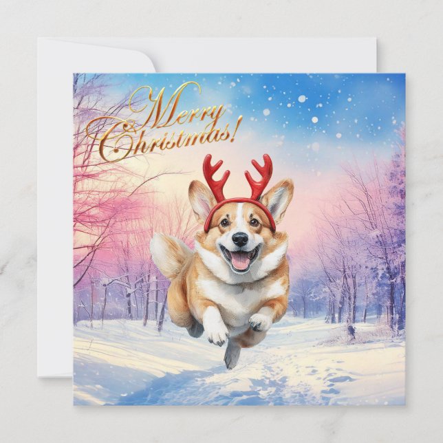 Christmas Corgi Reindeer antlers leaping in snow Holiday Card (Front)