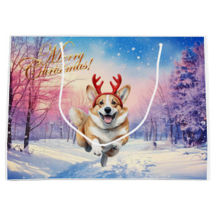 Christmas Corgi Reindeer antlers leaping in snow Large Gift Bag
