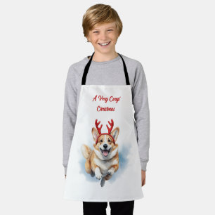 Christmas Corgi with Reindeer antlers leaping  Apron