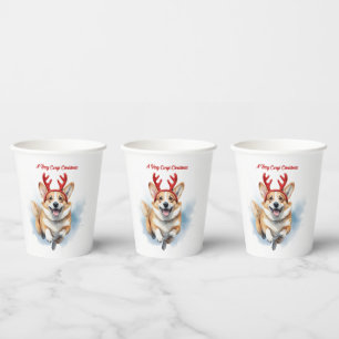 Christmas Corgi with Reindeer antlers leaping Paper Cups