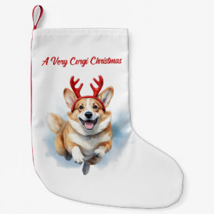 Christmas Corgi with Reindeer antlers leaping Small Christmas Stocking