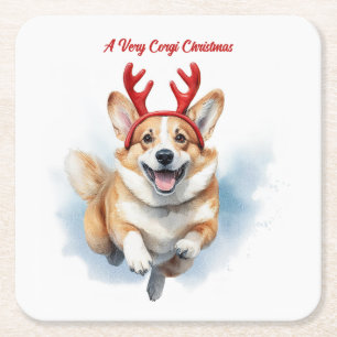 Christmas Corgi with Reindeer antlers leaping Square Paper Coaster