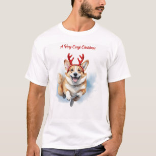Christmas Corgi with Reindeer antlers leaping T-Shirt