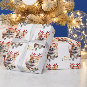 Christmas Corgi with Reindeer antlers Wrapping Paper
