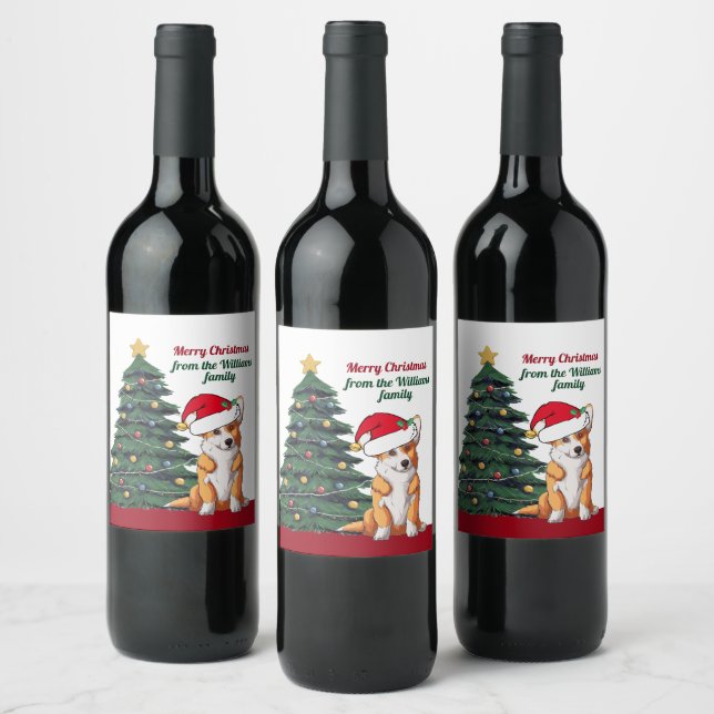 Christmas Corgi with Tail Santa Hat Custom Gift Wine Label (Bottles)