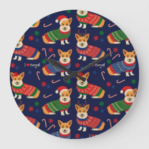 Christmas Corgis: Festive Vintage Illustration. Large Clock