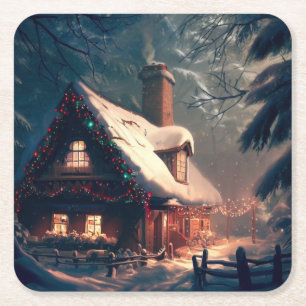 Christmas Cottage 2 Square Paper Coaster